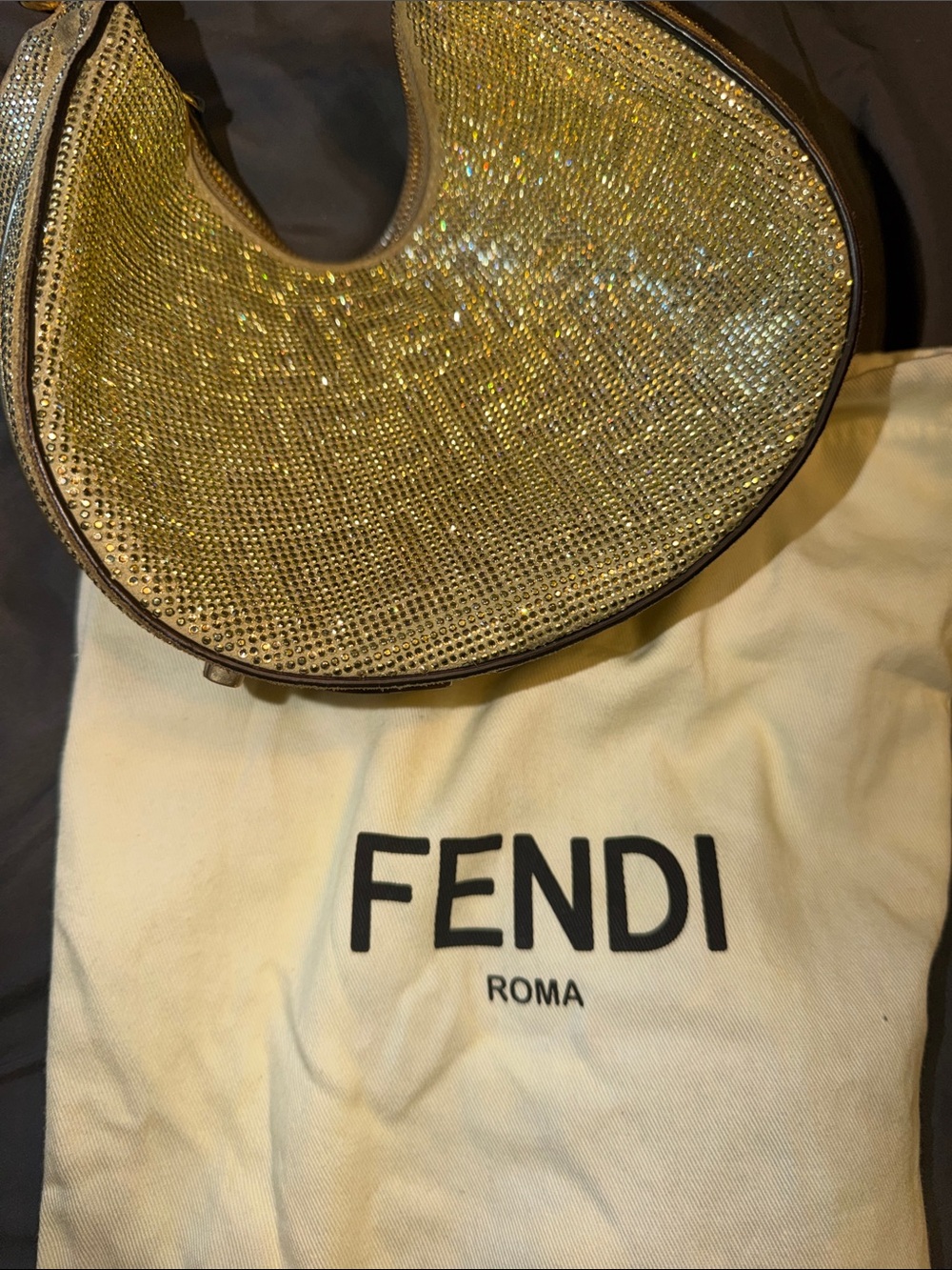 Fendi Gold Crystal Crescent Hobo Bag